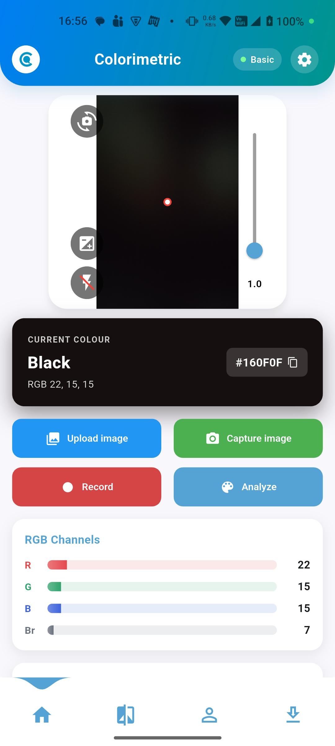Colorimetric Pro home screen showing a live camera colour reading with the measured colour name, HEX code, RGB values and per-channel bars