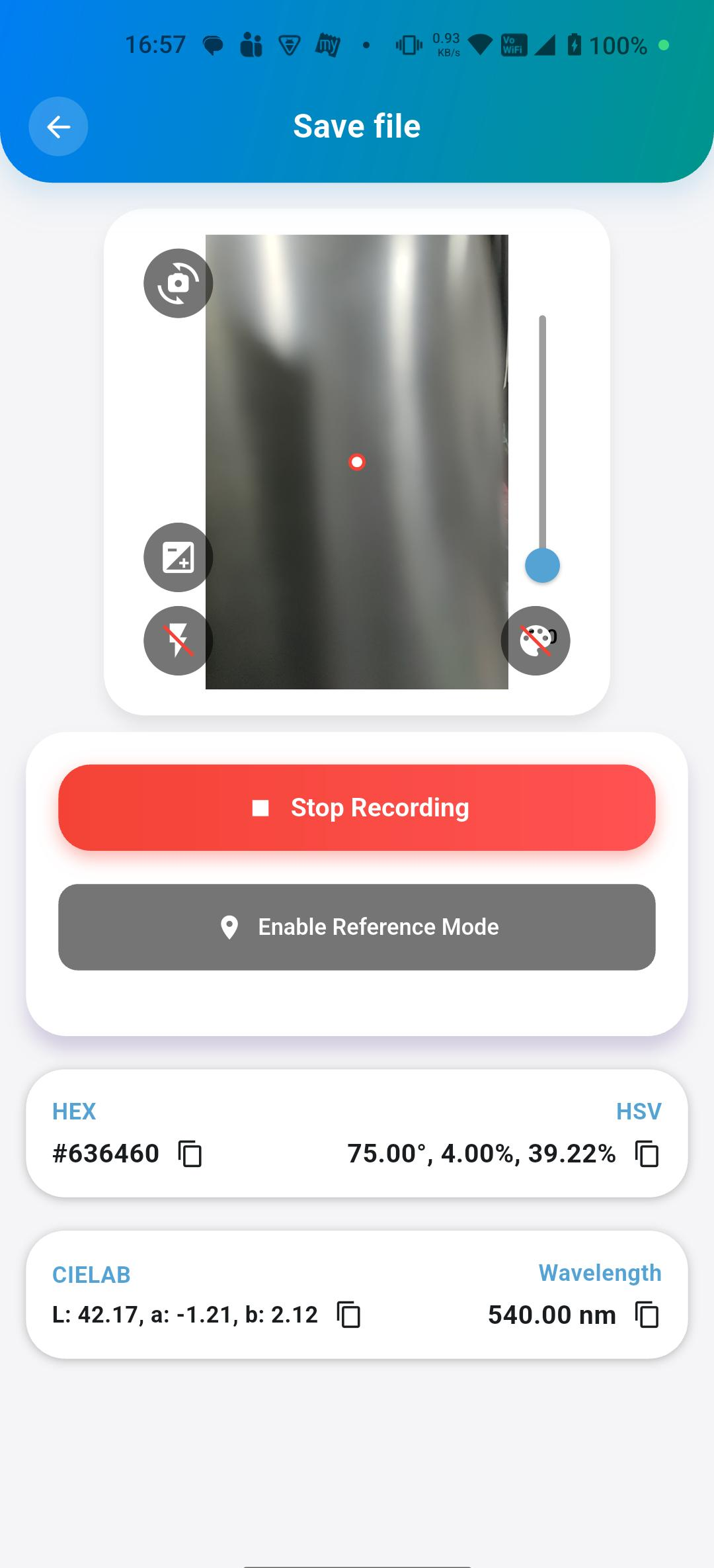 Colorimetric Pro app live recording screen showing HEX, HSV, CIELAB, and dominant wavelength values updating in real time
