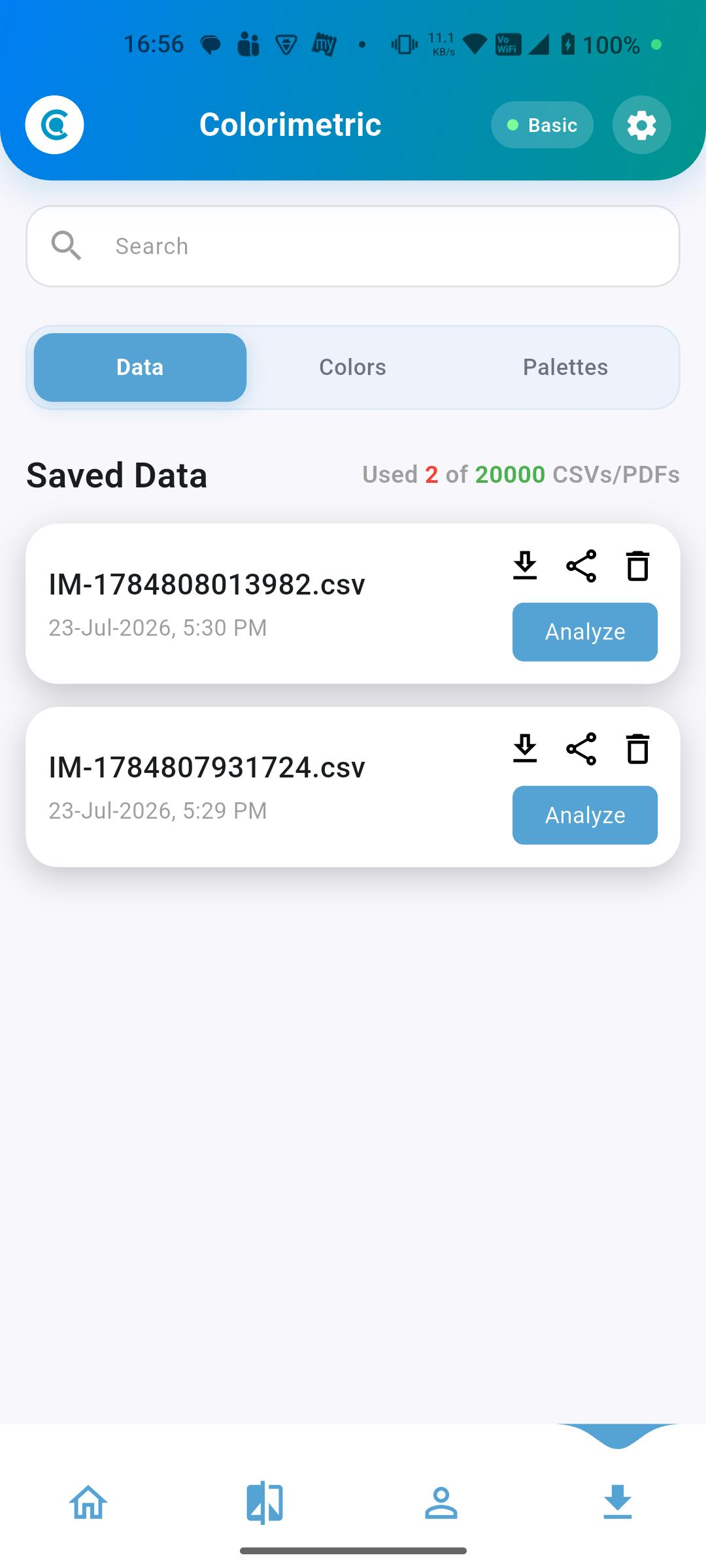 Colorimetric Pro app Saved Data screen listing exported CSV files with download, share, and analyze options