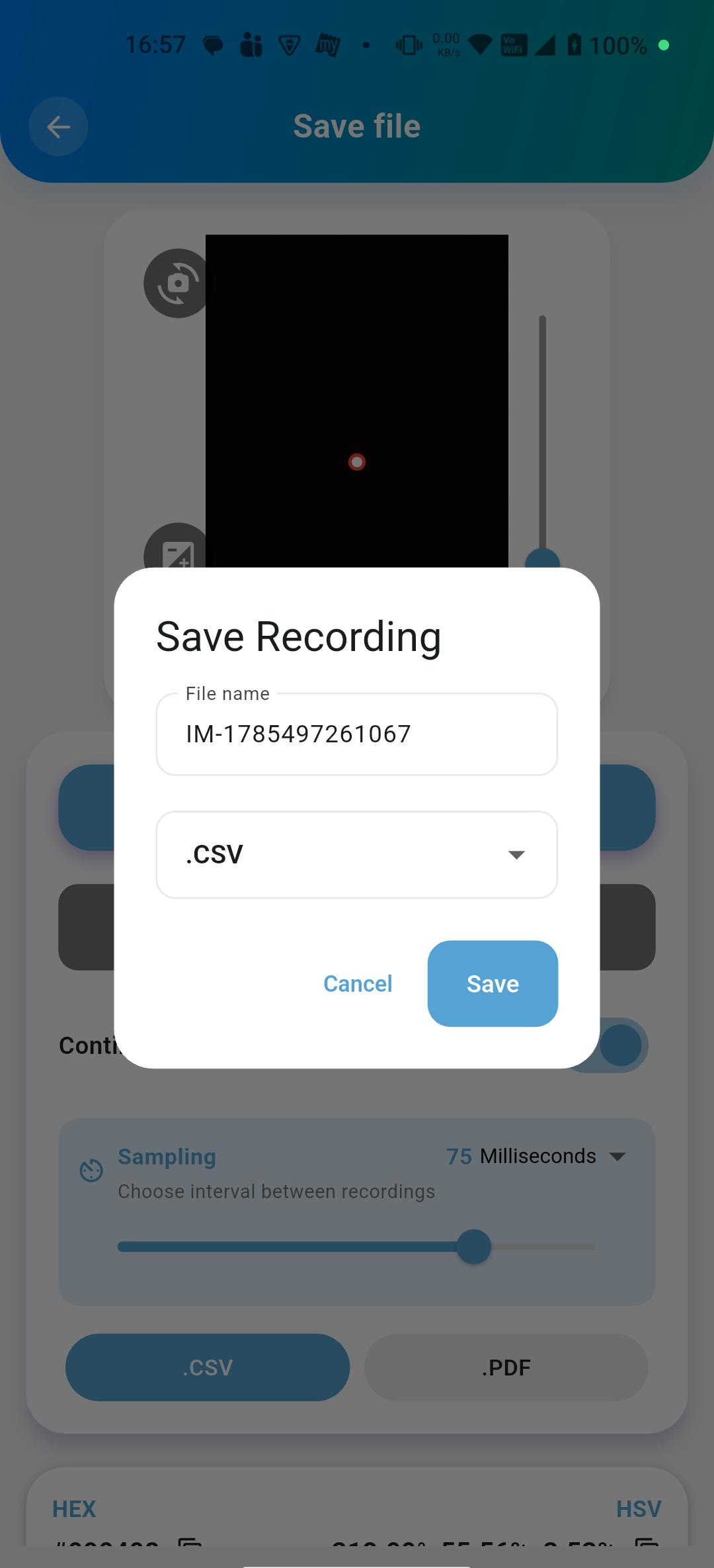 Colorimetric Pro app Save Recording dialog with a 75-millisecond sampling interval and CSV file format selected